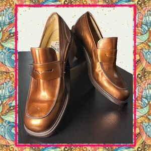Zinda Metallic Copper Leather Block Heel Loafers S 37 Made in Spain Penny Loafer